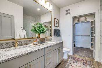 Aura avant apartments in lewisville, texas model bathroom with double vanity